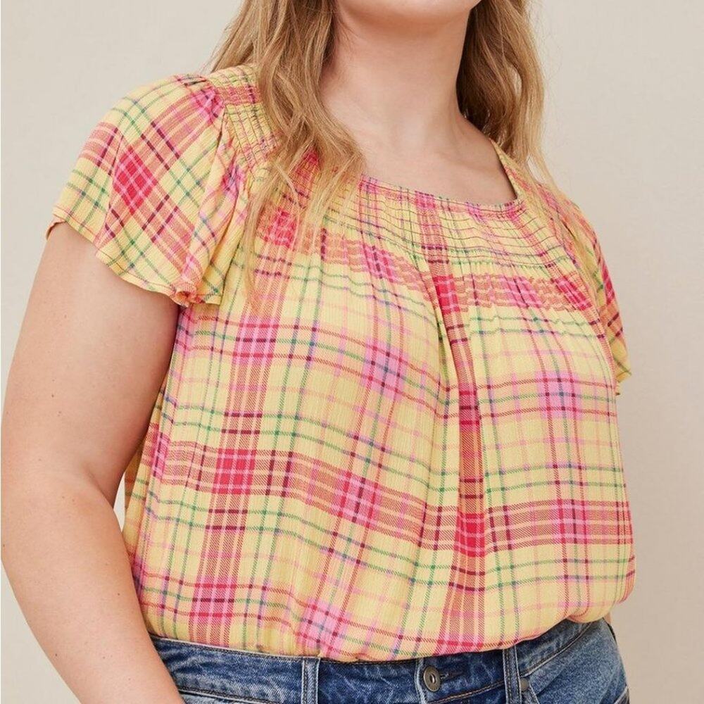 Torrid Smocked Crew Neck Blouse - Crinkle Gauze Plaid Yellow Size 1/1x